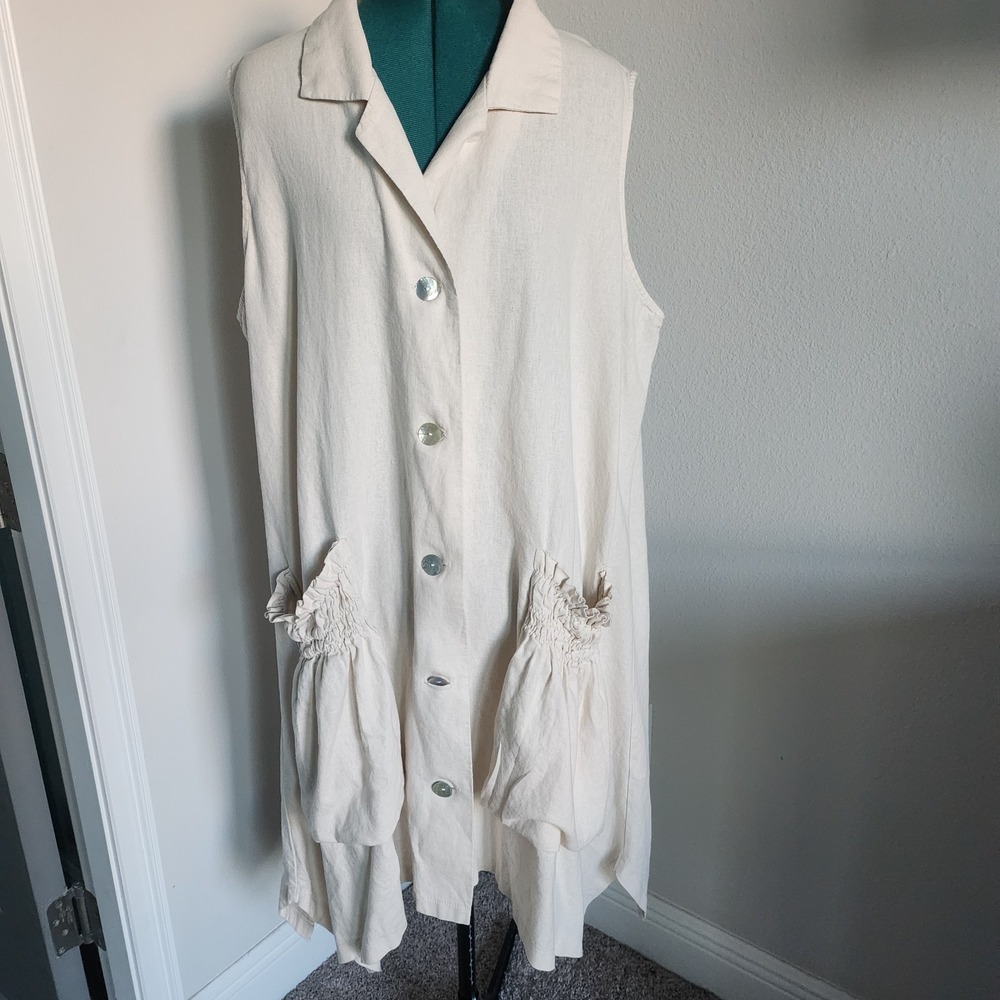Jones & Co Womens Linen Blend Button Up Dress Sz 3X Ivory Sleeveless Minimalist